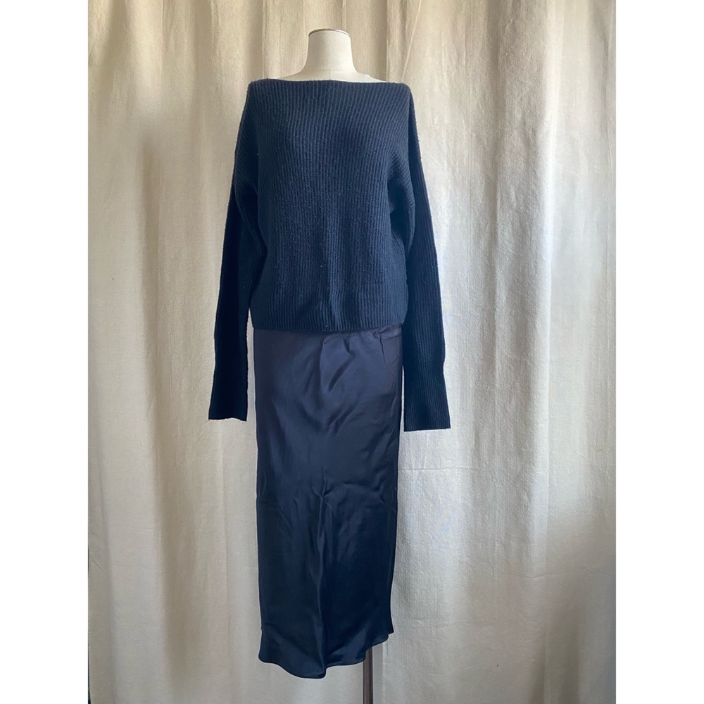 DKNY long maxi dress mixed knit sweater & shiny satin skirt black sz L